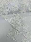 Heavy Beaded Floral Fabric - White - Luxury Heavy Duty Bead Bridal Floral Cluster Lace Fabric by the yard