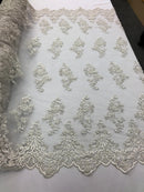 Beaded Floral Fabric - White - Embroidered Flower Cluster Beaded Fabric Sold By Yard