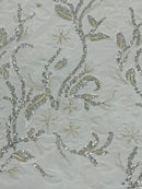 3D Tulle Flower Bead Fabric - White - Mesh Flower Plant Design with Beads By Yard