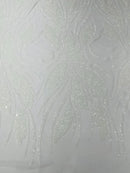 Wavy Leaf Sequins Fabric - White - Wavy Lines and Leaves Design on Lace Mesh Fabric by Yard