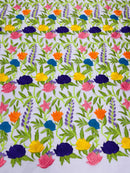 Multi-Color Mexican Sarape Fabric - White Mesh Flower Design Embroidered Lace Fabric By Yard