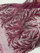Leaf Design Stretch Sequins - Wine - 4 Way Stretch Lace Mesh Sequins Fabric by Yard