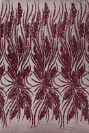 Wavy Leaf Sequins Fabric - Wine - Wavy Lines and Leaves Design on Lace Mesh Fabric by Yard