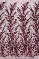 Leaf Design Stretch Sequins - Wine - 4 Way Stretch Lace Mesh Sequins Fabric by Yard