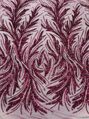 Leaf Design Stretch Sequins - Wine - 4 Way Stretch Lace Mesh Sequins Fabric by Yard