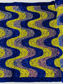 Wavy Line Velvet Sequins - Royal Blue / Yellow / Clear Iridescent - Velvet Sequins 2 Way Stretch Fabric 58/60” By Yard
