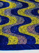 Wavy Line Velvet Sequins - Royal Blue / Yellow / Clear Iridescent - Velvet Sequins 2 Way Stretch Fabric 58/60” By Yard