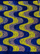 Wavy Line Velvet Sequins - Royal Blue / Yellow / Clear Iridescent - Velvet Sequins 2 Way Stretch Fabric 58/60” By Yard