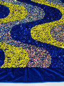 Wavy Line Velvet Sequins - Royal Blue / Yellow / Clear Iridescent - Velvet Sequins 2 Way Stretch Fabric 58/60” By Yard
