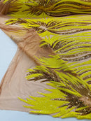 Phoenix Wing Sequins - Yellow / Gold - 4 Way Stretch Wings Pattern Design Fabric By Yard
