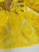 Heavy Bead Floral Fabric - Yellow - Beaded Flower Design Fabric Fancy Border By Yard