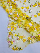 Multi-Color 3D Flower Fabric - Yellow - Multi-Tone 3D Flower Lace Fabrics Sold By Yard