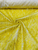 Metallic Eyelash Fabric - Yellow - Feather/Eyelash/Fringe Design on Mesh By Yard