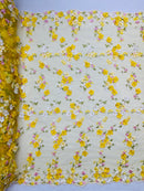 Multi-Color 3D Flower Fabric - Yellow - Multi-Tone 3D Flower Lace Fabrics Sold By Yard