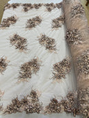 3D Floral Clusters with Rhinestone - Light Brown Black Thread Embroidered Flowers Beads On Lace Yard