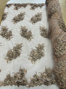3D Floral Clusters with Rhinestone - Dark Nude Black Thread Embroidered Flowers Beads On Lace Yard