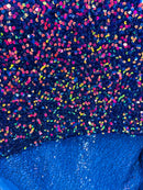 Velvet Stretch Sequins Irisdescent Rainbow Sequins on Royal Blue 2 Way Stretch Velvet Fabric 58/60”