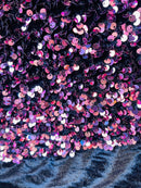 Velvet Stretch Sequins - Dusty Rose Sequins on Black 2 Way Stretch Velvet Fabric 58/60”