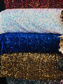 Velvet Stretch Sequins - Gold Sequins on Black 2 Way Stretch Velvet Fabric 58/60”