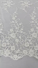 Beaded Floral Cluster - Off-White - Fancy Embroidered Glamorous Floral Design by Yard
