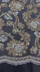Corded Sequins Flower Lace - Ivory / Gold - Corded Floral Lace With Sequins Sold By Yard