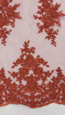 Beaded Shiny Floral Cluster - Red - Embroidered Luxury Floral Design by Yard