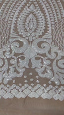 Geometric Pattern Sequins - White on Nude - 4 Way Stretch Colorful Shine Designer Sequins By Yard