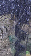 Fringe Sequins Fabric - Navy Blue - 2 Way Stretch Glamorous Fringe Design on Mesh By Yard