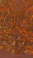 Damask Geometric Sequins - Orange - 4 Way Stretch Sequins Damask Pattern Design Sold By Yard