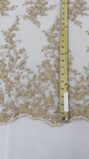 Beaded Floral Cluster - Champagne - Fancy Embroidered Glamorous Floral Design by Yard