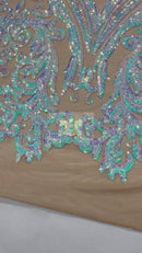 Big Damask Sequins Fabric - Aqua Iridescent Nude - 4 Way Stretch Damask Sequins Design Fabric By Yard