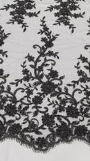 Beaded Floral Cluster - Black - Fancy Embroidered Glamorous Floral Design by Yard