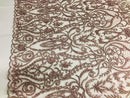 Glam Damask Beaded Fabric - Rose Gold - Embroidered Elegant Fashion Fabric with Beads on Mesh