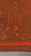 Geometric Pattern Sequins - Orange - 4 Way Stretch Colorful Shine Designer Sequins By Yard