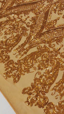 Big Damask Sequins Fabric - Burnt Orange - 4 Way Stretch Damask Sequins Design Fabric By Yard