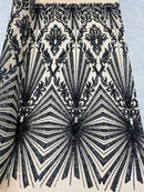 4 Way Stretch Fabric - Black with Nude Mesh - Elegant Design Sequins Fashion on Spandex Mesh