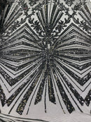4 Way Stretch Fabric - Black with Black Mesh - Elegant Design Sequins Fashion on Spandex Mesh