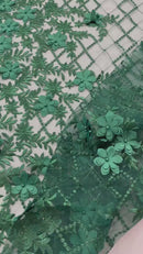 3D Floral Pearl Fabric - Hunter Green - 3D Triangle Flower Design on Mesh By Yard