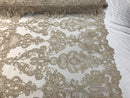 Floral - Taupe - Embroided Lace Fabric Damask Pattern - Beautiful Fabrics Sold by The Yard