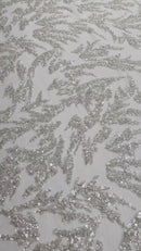 Leaf Plant Cluster Design Fabric - Clear on Nude Mesh - Beaded Embroidered Leaves Design on Lace Mesh By Yard