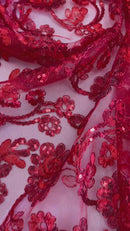 Embroidered Flower Lace - Red - Corded Floral Lace With Sequins Sold By Yard