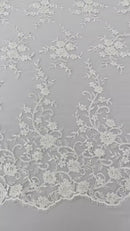 Beaded Floral Cluster - White - Fancy Embroidered Glamorous Floral Design by Yard