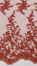 Beaded Floral Cluster - Red - Fancy Embroidered Glamorous Floral Design Sold by Yard