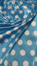 Polka Dot Satin Fabric - White on Baby Blue - 3/4" Inch Super Soft Silky Satin Polka Dot Fabric Sold By Yard