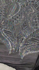 Silver Holographic Sequin - 4 Way Stretch Embroidered Royalty Sequins Design Fabric By Yard