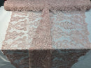 Floral - Pink - Embroided Lace Fabric Damask Pattern - Beautiful Fabrics Sold by The Yard