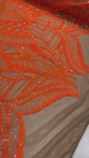 Orange Sequin Fabric - 4 Way Stretch Embroidered Royalty Sequins Design Fabric By Yard