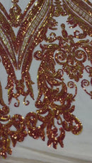Big Damask Sequins Fabric - Orange - 4 Way Stretch Damask Sequins Design Fabric By Yard