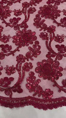 Corded Sequins Flower Lace - Burgundy - Corded Floral Lace With Sequins Sold By Yard