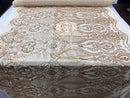 Sequins - Gold - 4 Way Stretch Fancy Fabric Embroidered On Mesh Sold By The Yard